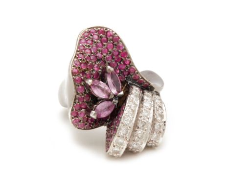 A RUBY AND DIAMOND PAVE FLORAL RING
From the collection of a prominent Singapore businesswoman
Set in 18k white gold with dia