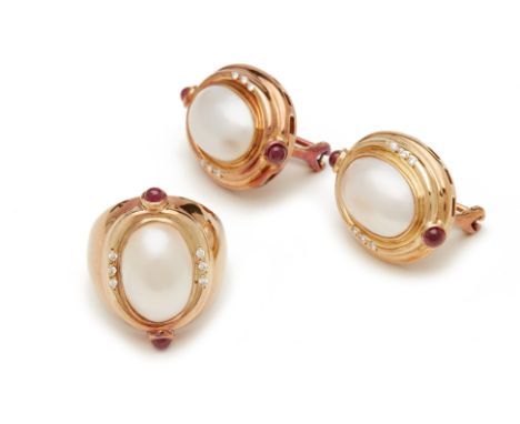 A SET OF PEARL EARRINGS &amp; RING WITH RUBY &amp; DIAMOND DETAILING
From the collection of a prominent Singapore businesswom