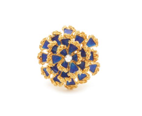 AN 18K YELLOW GOLD ENAMEL RINGAn 18k yellow gold and blue enamel in a floral form   Possibly marked 'Italy' Hong Kong size 16