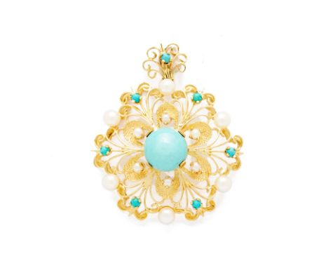 A PEARL AND TURQUOISE FILIGREE BROOCH An 18k yellow gold brooch with a central cabochon turquoise and alternating cabochon tu