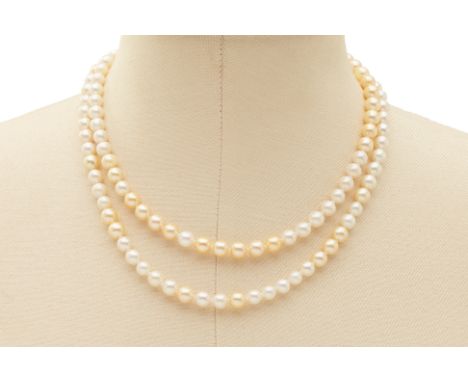 AN AKOYA PEARL NECKLACE WITH GOLD CLASP (APPROX. 118 PEARLS) Approx. 118 Akoya pearls measuring 6 to 7.5mm  The clasp marked 