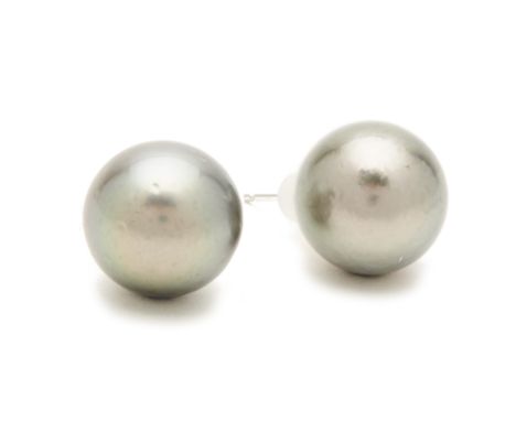 A PAIR OF GREY TAHITIAN CULTURED PEARL STUD EARRINGS The pearls measuring 11.9 to 12.8mm, on white gold posts
 11.9 to 12.8mm
