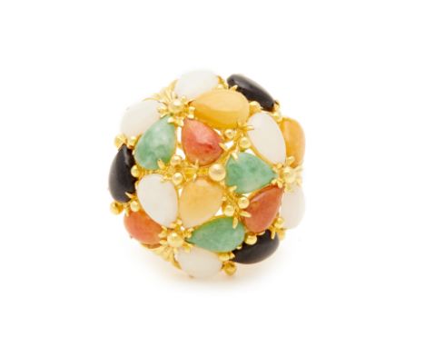 A JADE RING Multi coloured tear dropped shaped set in 14k yellow gold
Marked 585 Hong Kong size 14 8.79g