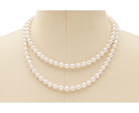 AN AKOYA SINGLE STRAND PEARL NECKLACE (APPROX. 111 PEARLS) Approx. 111 Akoya pearls measuring 7.5mm  With a silver clasp mark