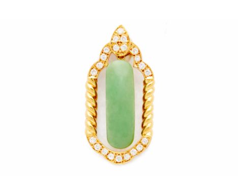 A GOLD, JADE AND DIAMOND PENDANTThe jade set in 18k yellow gold with diamond and rope twist border   Marked 750 3.2cm 6.25g