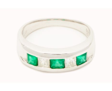 A PLATINUM, EMERALD AND DIAMOND RING Three square step cut emeralds and two diamonds set in a platinum band
Marked PT900
Appr