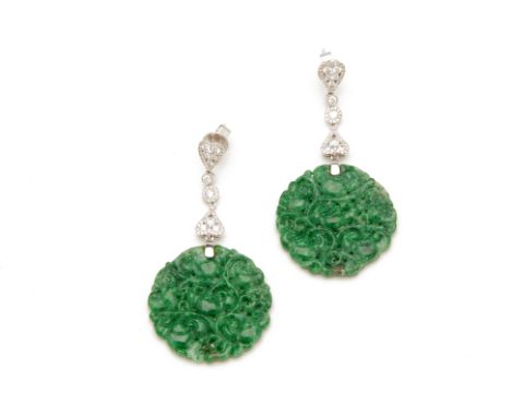 A PAIR OF CARVED JADE, WHITE GOLD AND DIAMOND EARRINGS
From the collection of a prominent Singapore businesswoman
A set of ca