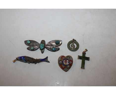 A yellow metal mounted and nephrite jade cross pendant; one other yellow metal mounted jade pendant; an enamel decorated fish