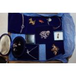 A box of costume jewellery to include a brooch in
