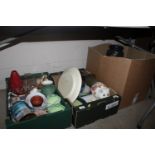 Two boxes containing various decorative pottery an