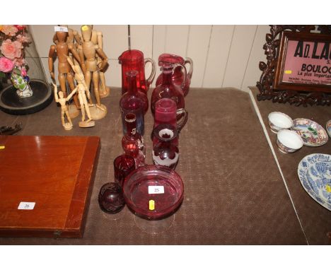 A collection of various cranberry and other ruby glassware 