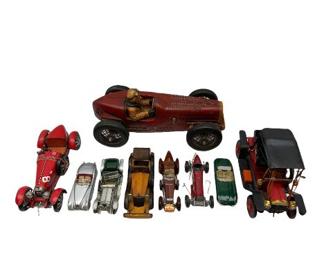 Four Franklin Mint Precision Models, one with hardwood body; large reproduction model of a vintage racing car L52cm; and four