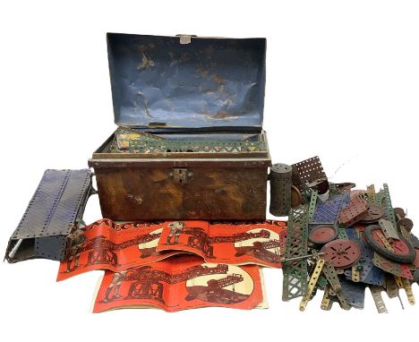 Meccano - quantity of loose playworn sections and part built models in various colours including wheels, rods, braced girders