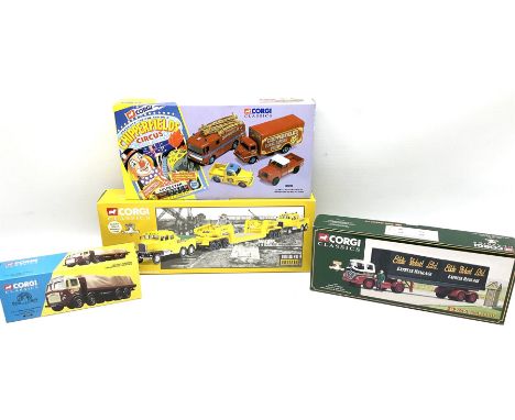 Four Corgi Classics - Chipperfields Circus No.31703 Land Rover, Morris Minor Pick-Up, Thames Trader and AEC Fire-Engine; Buil