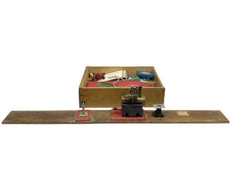 Mamod small stationary steam plant with circular saw bench and grinder mounted on long wooden board L107cm; and quantity of p