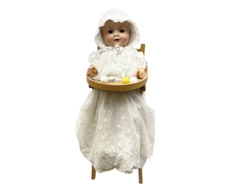 Armand Marseille composition head doll with moulded hair, sleeping eyes, open mouth with teeth and composition body with join