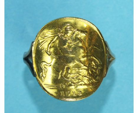 A 1913 half-sovereign converted to a ring, with 9ct gold shank, (soldered), size R½, 5.4g.