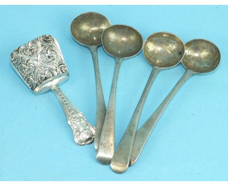 A Georgian silver King's pattern caddy spoon, Birmingham 1822 and four Georgian silver salt spoons, various dates and makers,