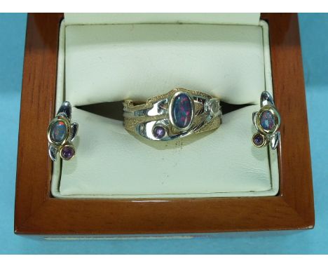 A Clogau Welsh gold yellow and white 9ct gold ring set opal and amethyst, (one setting vacant), size P and a pair of matching