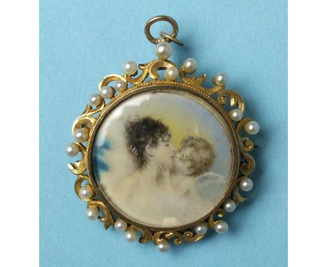 A late 19th/early 20th century portrait miniature brooch/pendant of circular form depicting Cupid Kissing Psyche, painted on 