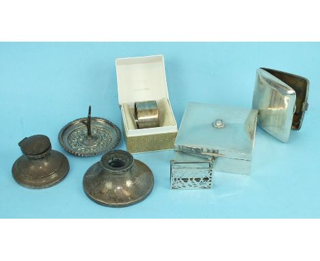 A late-Victorian embossed ring tree, Birmingham 1901, a small matchbox holder, cigarette case and a cigarette box, weighable 
