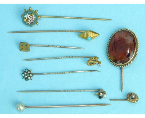 A small stick pin set a trefoil of diamond, sapphire and pearl, a hardstone-set stick pin, (a/f) and other stick pins, (9).