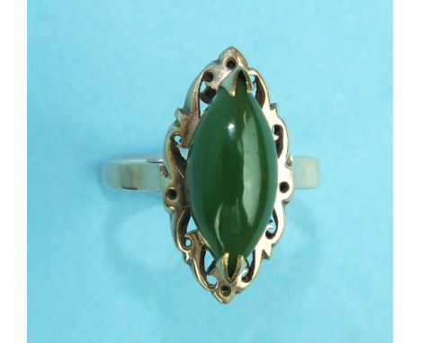 A marquise shape ring set jade stone, size L½, 3g.