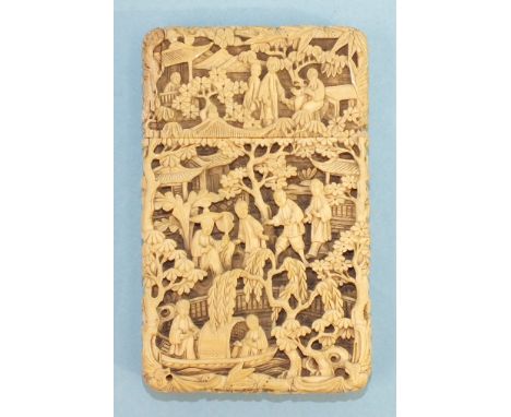 A 19th century Chinese ivory card case deeply-carved with figures in rural pursuits and garden scenes, (top damaged and repai