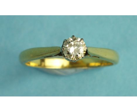 A solitaire diamond ring claw-set a brilliant-cut diamond, in 18ct yellow gold mount, size P, 3g.