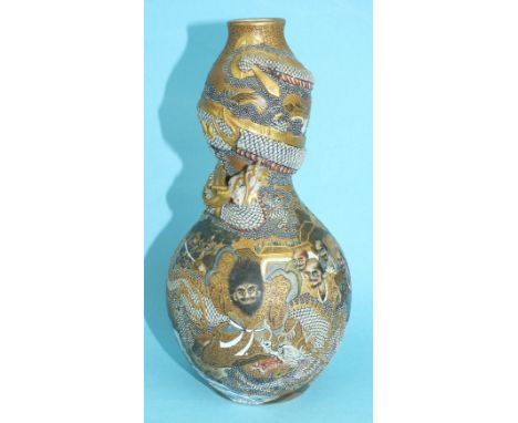 A 19th century Japanese Satsuma double-gourd-shaped vase decorated with Immortals and other figures, with applied dragon to n