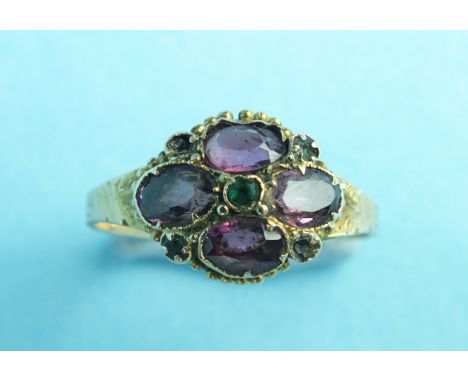 A 19th century ring set four garnets, (a/f), 1.6g.