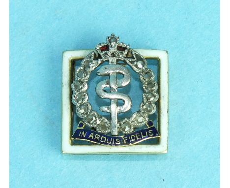 A small enamelled gold insignia for the Royal Army Medical Corps set rose-cut diamonds, 14mm2, 2.8g.