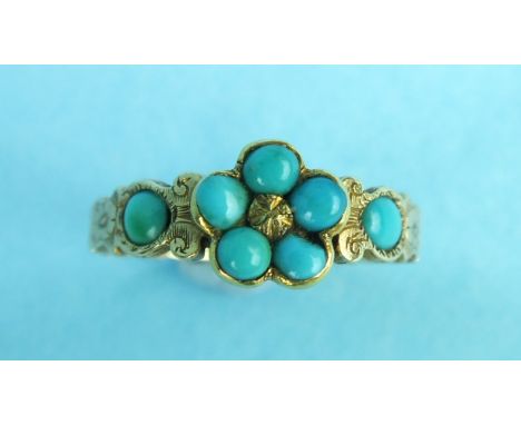 An early-Victorian ring set turquoise cluster, on engraved shank inscribed 'E D died 15th Nov 1839', size L½, 2.8g.
