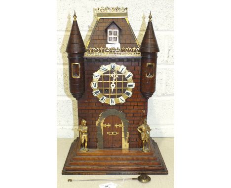 A late-19th century Continental mantel clock in the form of a French chateau, with gilt metal mounts, white enamel Roman nume
