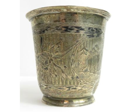A Russian white metal beaker, engraved with architectural scenes, 8cm high, stamped HA 84/1834, 126.79g gross
