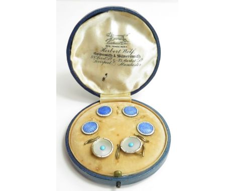Four Basse Taille Guilloche blue &amp; white enamel buttons with two yellow metal Mother of Pearl examples with enamel border
