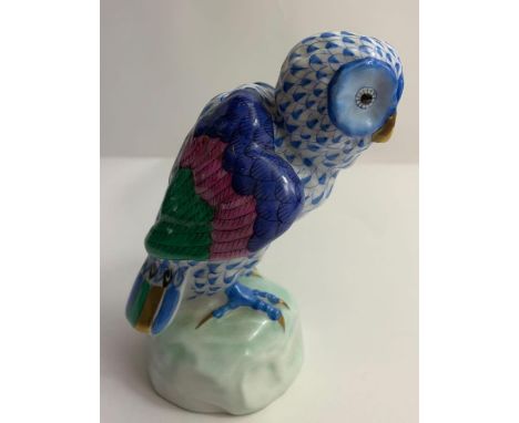 A blue ceramic Herend owl, in fishnet pattern, 12cm high 