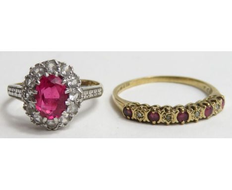 A 9ct yellow and white gold red and white stone cluster ring, and a 9ct yellow gold ruby and diamond half eternity ring, 3.4g