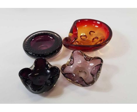 Three amethyst bubble glass dishes and a heavy red glass dish 