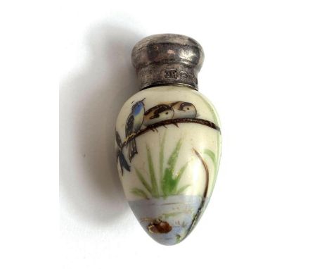 A Royal Worcester style perfume bottle, with a silver hallmarked top 