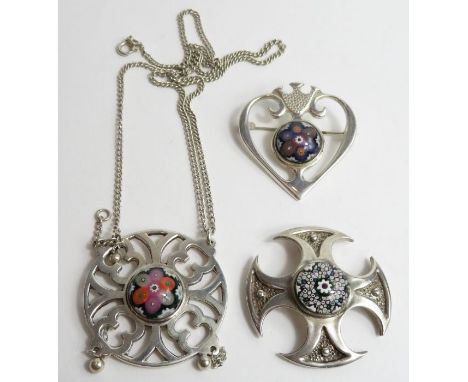 Caithness millefiori set silver pendant on a chain with another pendant and a brooch