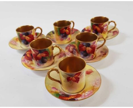 A set of six Royal Worcester coffee cans and saucers,  each painted with blackberries and leaves by Kitty Blake 