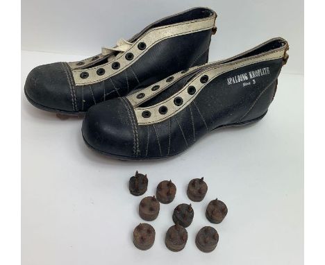 A pair of vintage football boots 'Spalding Kroflite, size 3' along with 'Olympic' studs