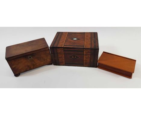A Victorian Tunbridge Ware work box, along with a mahogany tea caddy and one other work box