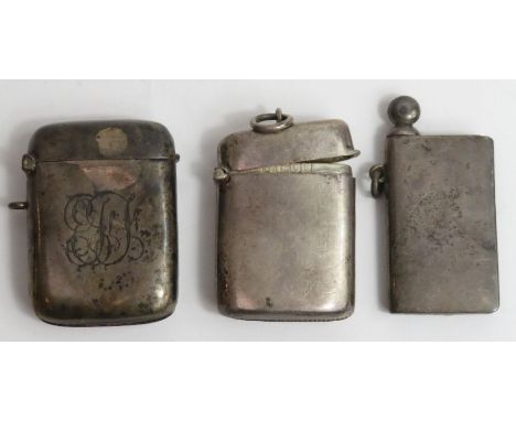 A plain silver kidney shaped vesta, with another, London, 1902; and a lighter, total weight 82g gross