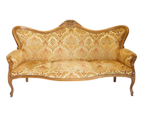 A beech show-frame sofa, in 18thC French style, with a button padded back and seat, on cabriole legs, 184cm wide. The upholst