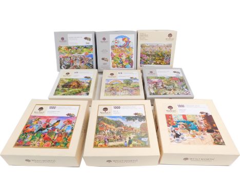 Nine Wentworth wooden jigsaw puzzles, comprising Say Thank you with a Rainbow, Antiques and Winery, Balloon and Craft Fair, S