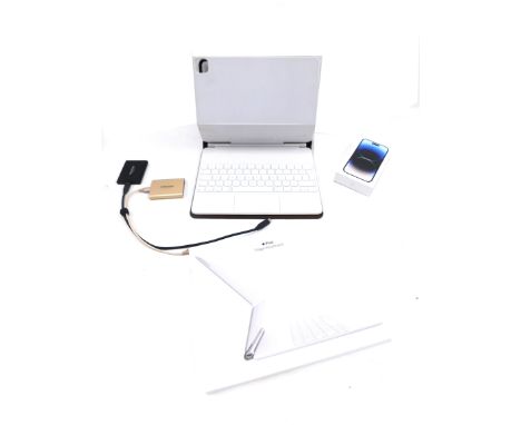 Electronics, comprising an Ipad Pro Magic Keyboard, boxed, an empty Iphone box, Ipad Pro cover, two Samsung portable SSD T5, 