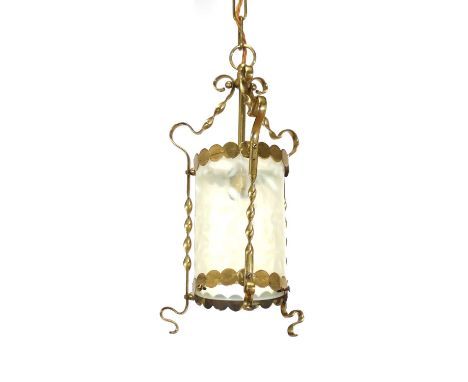An Arts and Crafts vaseline glass lantern, c.1890, with a cylindrical vaseline glass shade with flowers and foliage detail, m