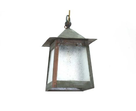 An Arts and Crafts-style hanging porch lantern, with mottled glass panels, with a chain suspension,22.5cm square 37cm high71c